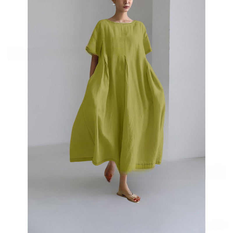 Women's Cotton And Linen Solid Color Round Neck Short Sleeves Waist Dress