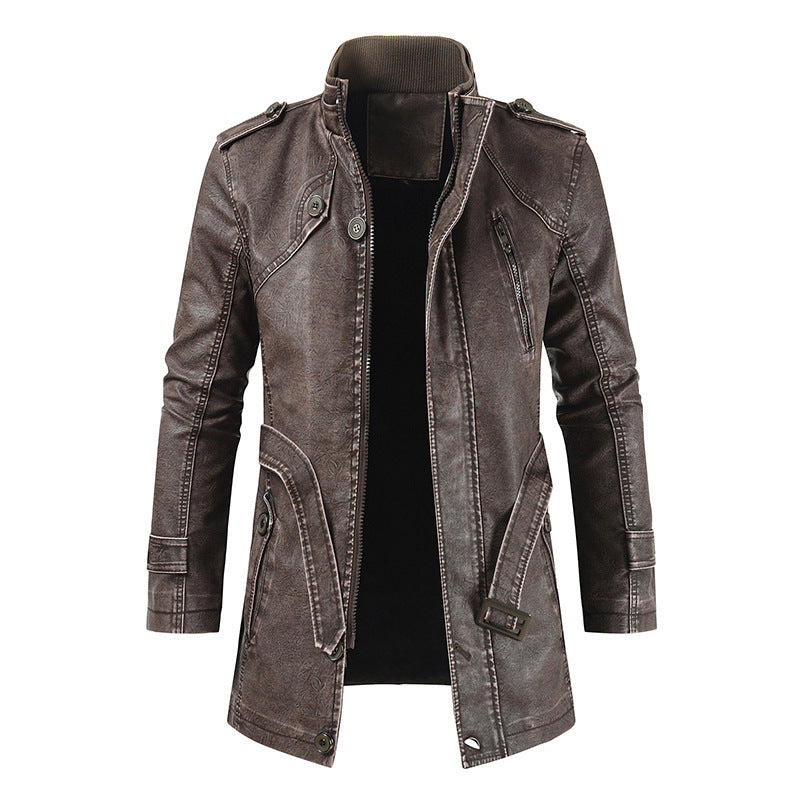 Brown mid-length leather jacket