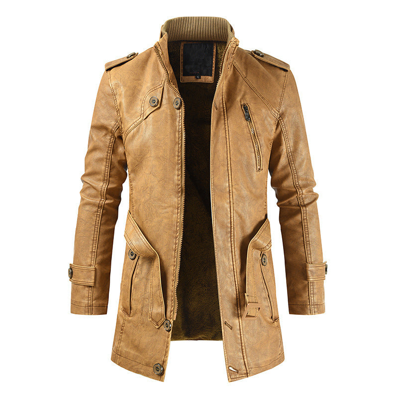 Brown mid-length leather jacket