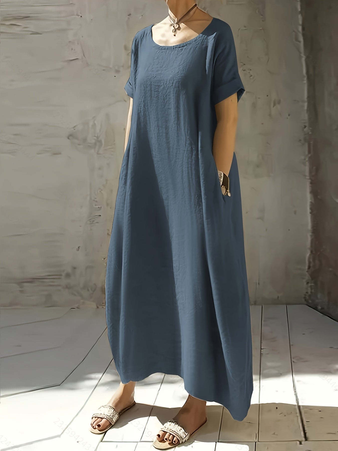 Women's Cotton And Linen Solid Color Round Neck Short Sleeves Waist Dress