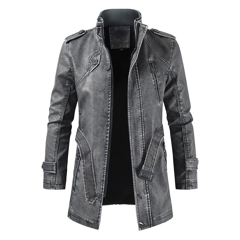 Brown mid-length leather jacket