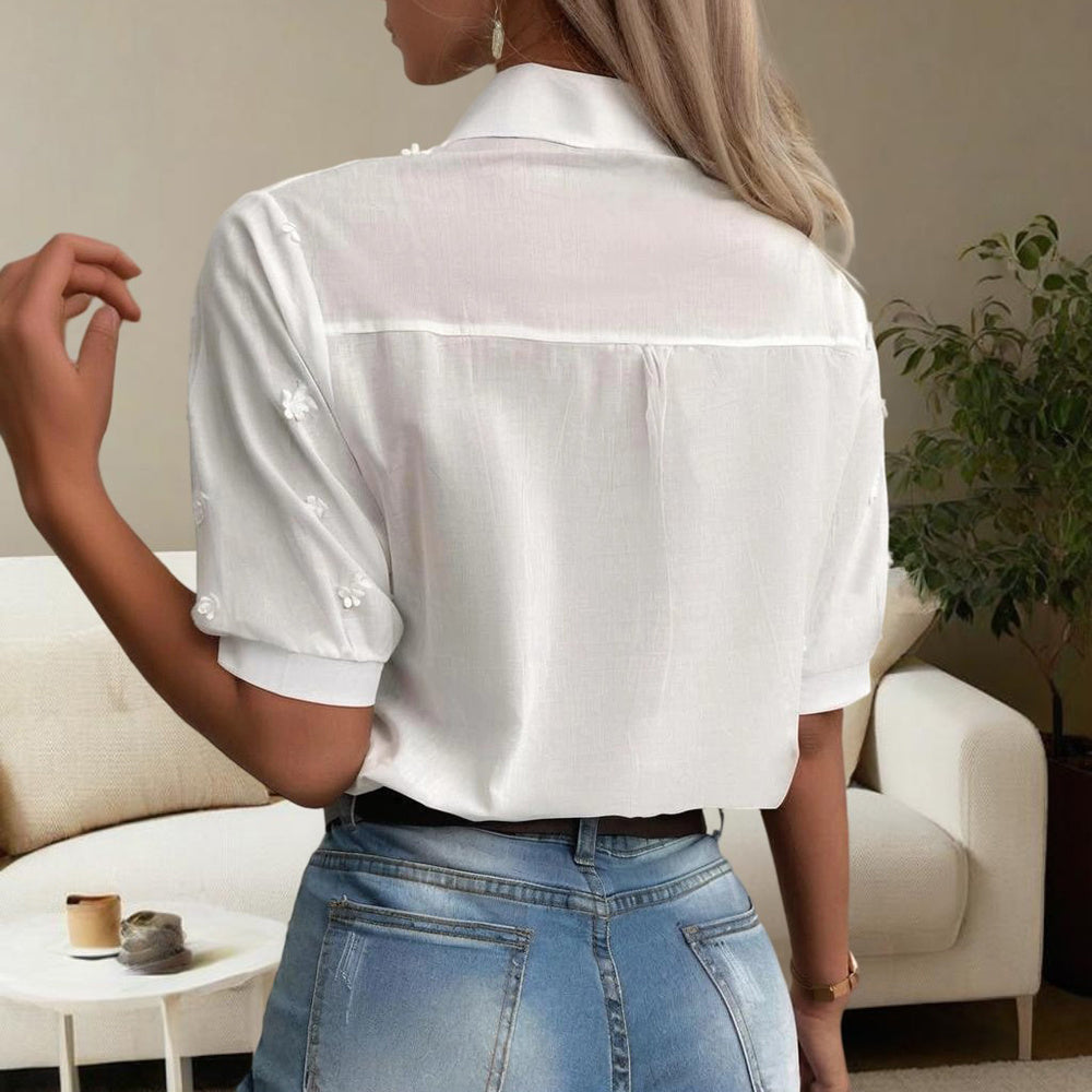 Women's V-Neck Embroidered Lace Short Sleeve Top