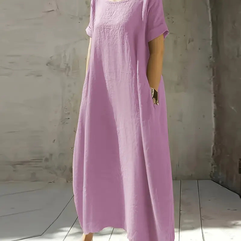 Women's Cotton And Linen Solid Color Round Neck Short Sleeves Waist Dress