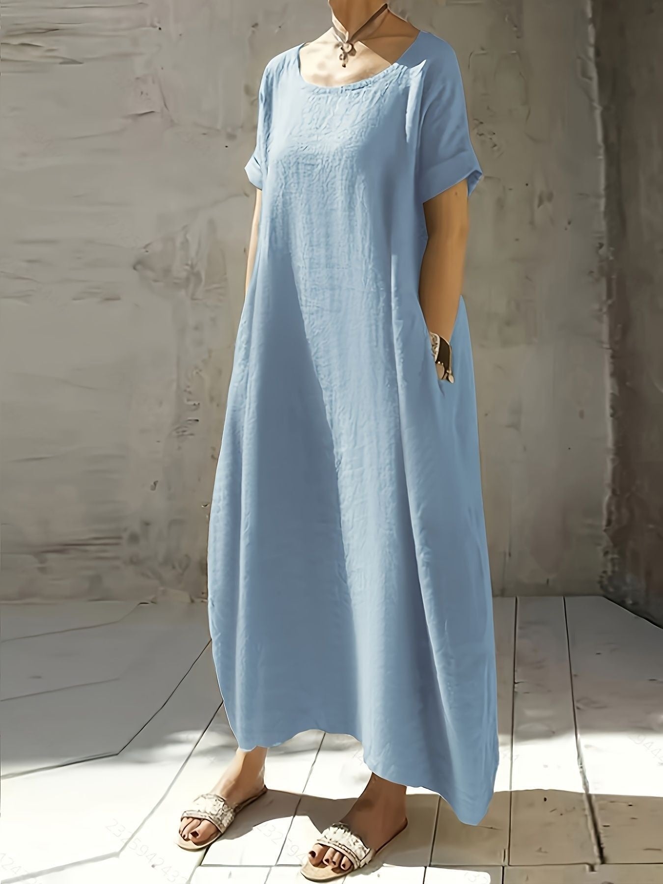 Women's Cotton And Linen Solid Color Round Neck Short Sleeves Waist Dress