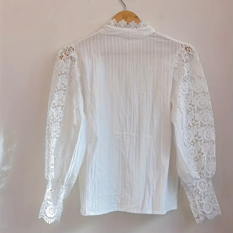 Elegant Women's Vintage Pearl Button Lace Blouse
