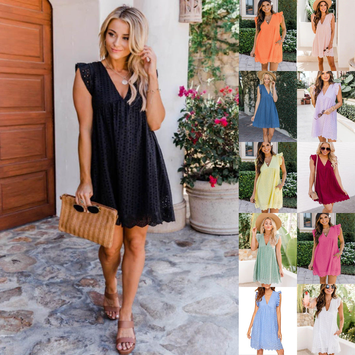 Lace Dresses With Pocket Summer Sleeveless Jacquard Cutout V-Neck Beach Dress